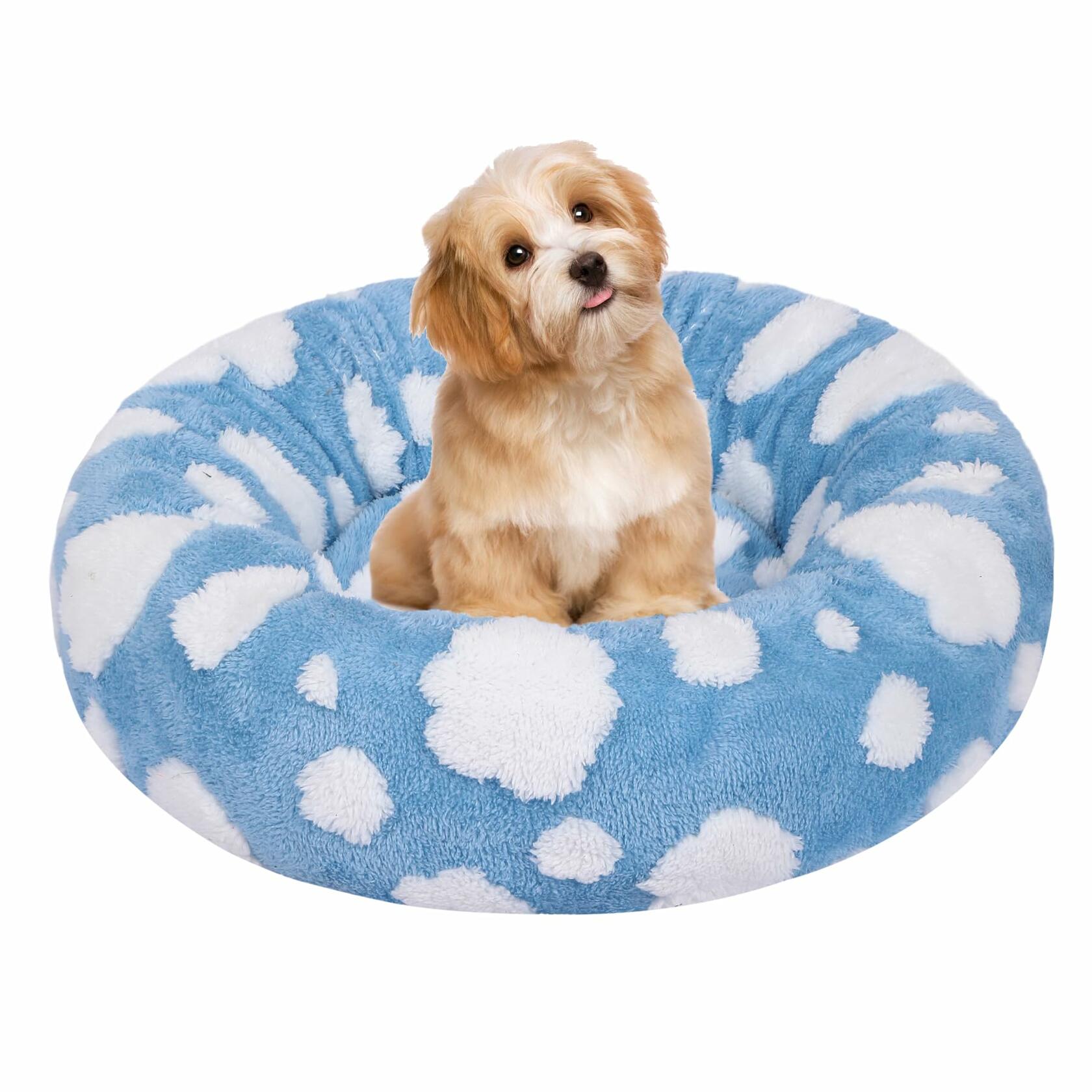 Calming Donut Dog & Cat Bed Small Fluffy Round Washable Gray Non-Slip